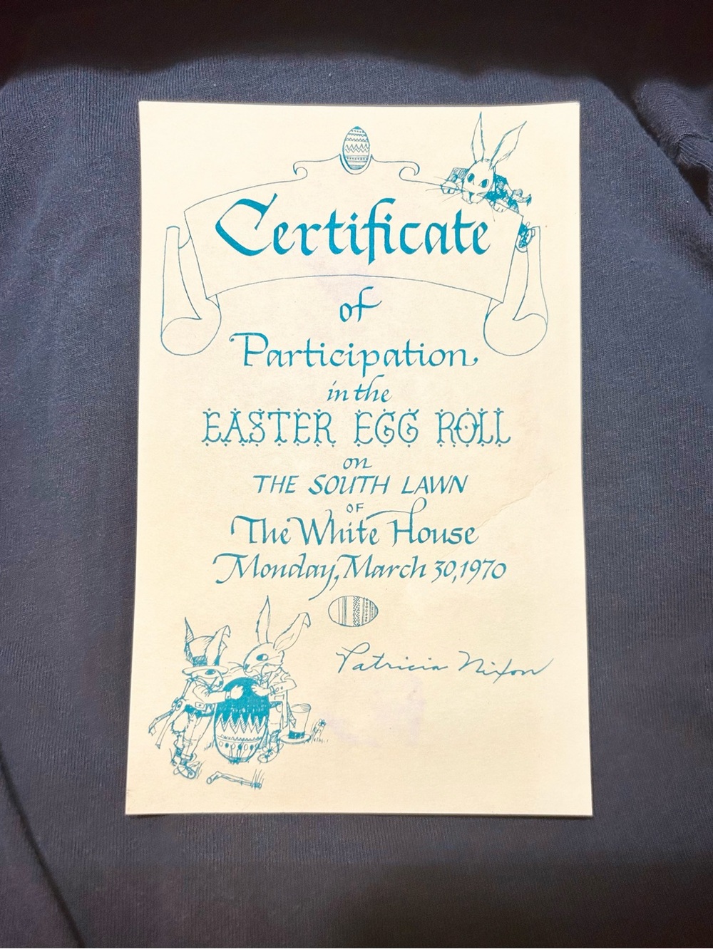 RARE VINTAGE 1970 OFFICIAL CERTIFICATE 2 PARTICIPATE WHITE HOUSE EASTER EGG ROLL